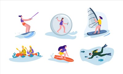 Active water sport set. Character rides on water board engages in extreme windsurfing diving fun team kayaking in rapid current jumping inside larger inflatable vector ball.