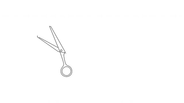 Self drawing animation of scissors. Copy space. White background.