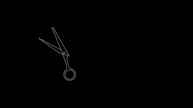 Self drawing animation of scissors. Black background.