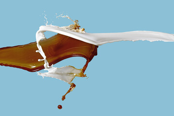 Mix of coffee and milk splash isolated on blue background. Close up. Liquid collision