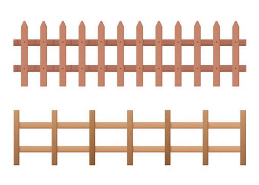 Wooden fence horizontal. Rustic fence from fresh planks palisade farmland barrier protection of yard and beds security pastures and flower zonescolorful architectural retro cartoon vector design.