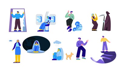 Human phobias set. Afraid flying in an airplane dislike enclosed spaces scared spiders depression in bad weather dread of dogs panic death, fear of vector height.