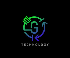 Electric G Letter Icon Design With Circle Shape and Electrical Engineering Component Symbol.