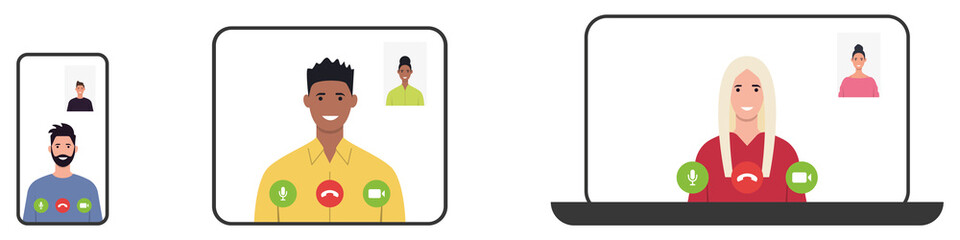 Video call on smartphone, tablet and laptop. Video call with a loved one. Online conversation thanks to the Internet. Vector illustration. Flat style.
