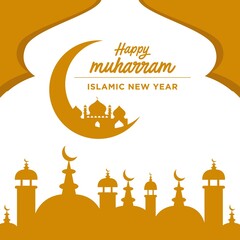 Happy Islamic New Year Vector. Happy Islamic New Year with mosque upon moon background, Happy Islamic New Year greeting Card Illustration, Islamic festival design for banner, poster,flyer. in eps 10