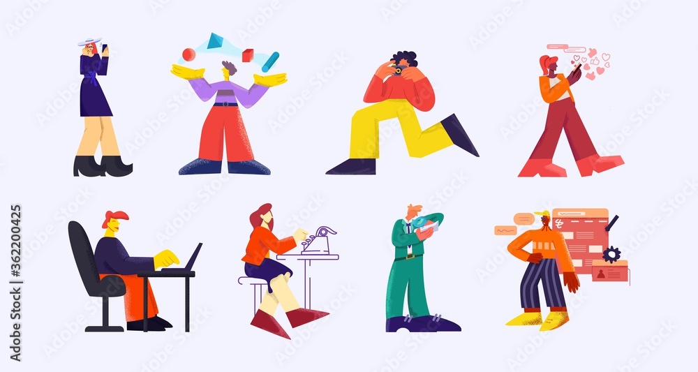 Poster digital technology and people set. modern web devices woman with a smartphone man creates a 3d geome