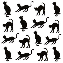 Pattern of black cats silhouettes on an isolated white background. Hand drawing.
