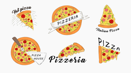 Pizza slices icons banner set. Fast hot Italian fast food juicy slices of pepperoni with mozzarella cheese and mushrooms delicious vegetable with salami art hearty snack in vector pizzeria.