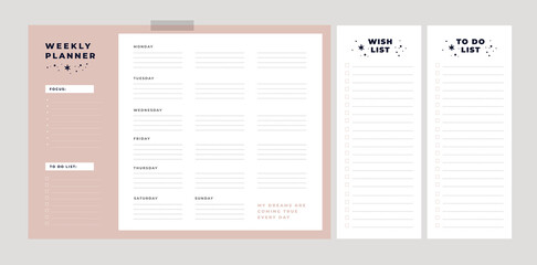 Weekly planner. Wish list, to do list. Dreams come true. Follow your dreams. Set of stationery digital prints. Flat lay, organizer mock updecoration, clothing, prints