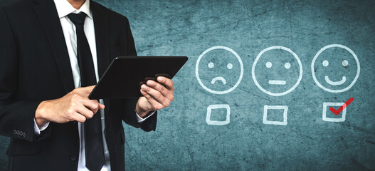 Customer review satisfaction feedback survey concept. User give rating to service experience on...