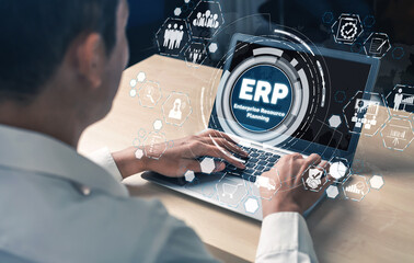 Enterprise Resource Management ERP software system for business resources plan presented in modern graphic interface showing future technology to manage company enterprise resource.