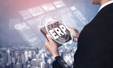 Enterprise Resource Management ERP software system for business resources plan presented in modern...