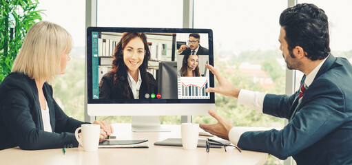 Video call group business people meeting on virtual workplace or remote office. Telework conference...