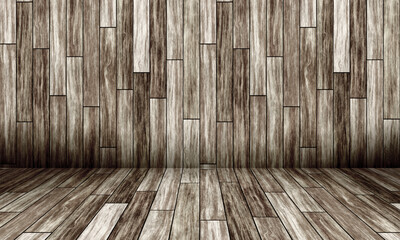 Wood wall and wood floor interior. Grungy dark wooden background.