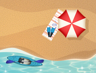 illustration of umbrella, kayak on vacation on the beach viewed from above