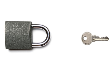 Lock isolated on white background. Security concept with metal lock pad with key.