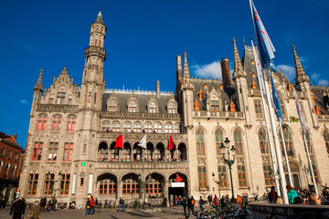 Fototapeta premium Provincial Court and Historium Bruges buildings on the market place