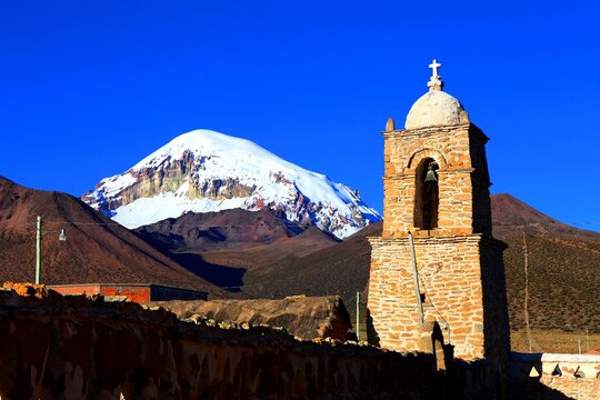 church overlooking Nevado Sajama in Bolivia