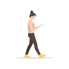 Mujer de pie leyendo un libro o novela. Chica joven estudiando texto de un libro, estudiante, universitaria vector 