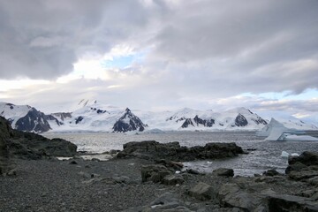  Antarctic landscape with bay, icebergs, mountains, Antarctica