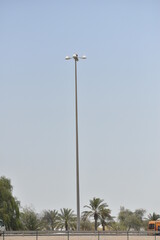 Street light isolated on blue sky background. Outdoor Lamp post in flat style.
