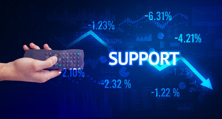 male hand holding wireless peripheral with SUPPORT inscription, modern business concept