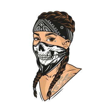 Young woman in scary mask and bandana