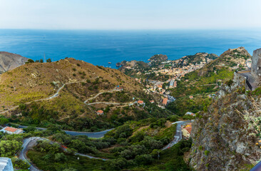 A panorama view from the hills above Taormina, Sicily in summer