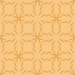 Vector geometric seamless pattern. Simple ornament texture with crosses, lines, flower shapes, grid, lattice. Elegant floral background. Mustard yellow color. Repeat design for decor, cloth, wallpaper