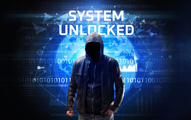 Faceless hacker at work with SYSTEM UNLOCKED inscription, Computer security concept