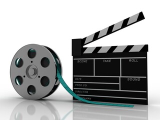 3d rendering Film clap board with film role