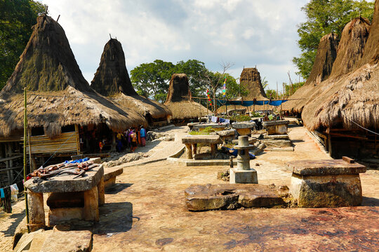 Sumba, Indonesia - Sumbanese traditional homes and megalithic toumbs. Sumbanese uma mbatangu, refers to the traditional  house of the Sumba people.