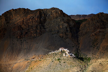 wide shot of Key monastery in barren hills at near Kaza Town, Spiti valley, Himachal Pradesh, India
