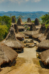 Sumbanese traditional homes and megalithic tombs. Sumbanese uma mbatangu, refers to the traditional house of the Sumba people in Indonesia. Location is near the village of Waitabula.