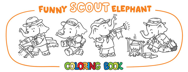 Fototapeta na wymiar Little baby elephant. Scout camp Coloring book set