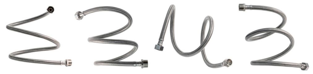 Braided flexible metal hose covered with silicone. Set of hoses twisted in different shapes....
