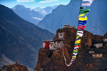 Tibetan Buddhist monastery Dhankar Gompa located at the Spiti Valley, Himachal Pradesh, India. - obrazy, fototapety, plakaty