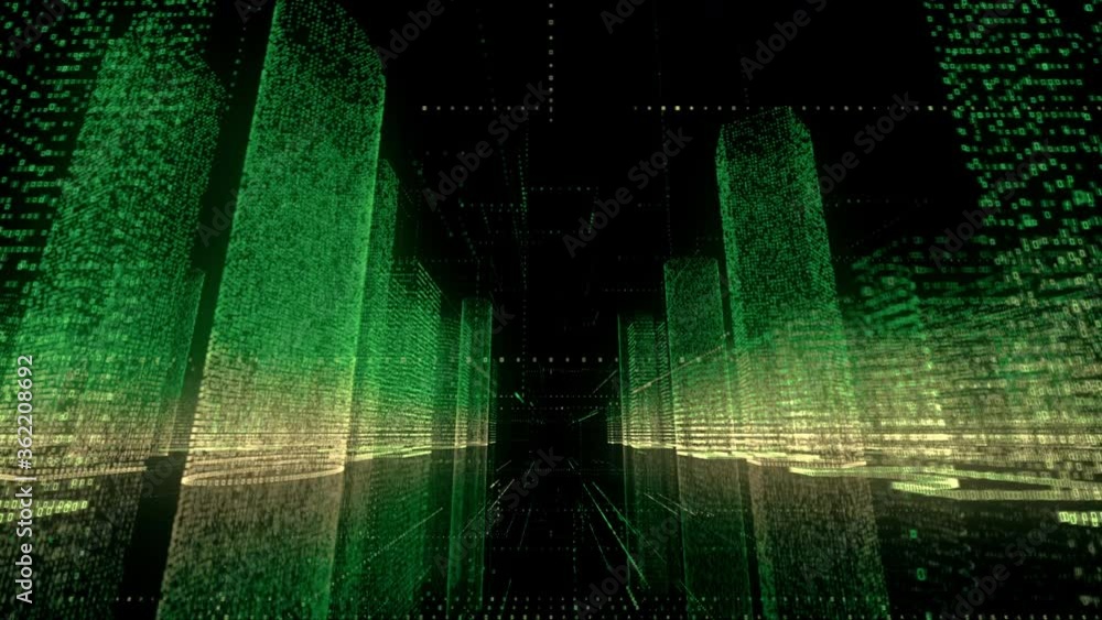 Poster abstract shining digital city wireframe in bright green and yellow colors consist of particles linke
