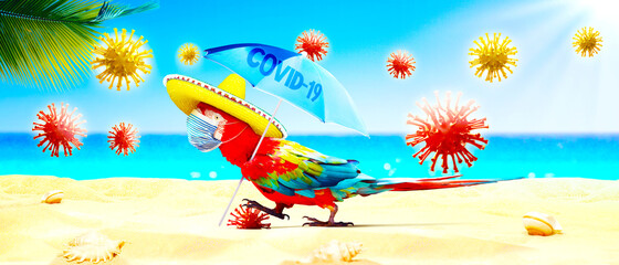Macaw parrot with medical mask on vacation