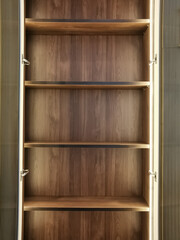 Wooden shelves with LED lighting inside wood storage, The vertical and strip LED light installed inside of the both side.