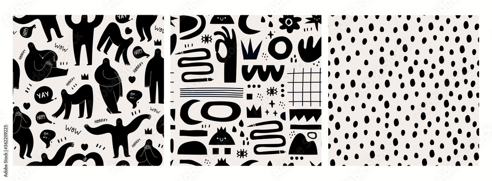 Wall mural Hand drawn various Shapes, objects, dots, shadows. Abstract contemporary modern trendy Vector illustrations. Set of three Seamless Patterns, Backgrounds, Wallpapers. Black monochrome concept