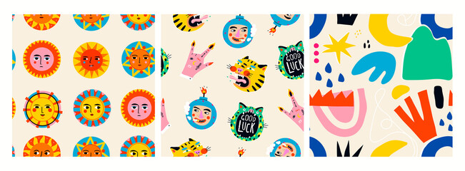 Colorful abstract Suns with faces, various shapes, bizarre objects. Set of three Hand drawn Vector Seamless Patterns. Background, Wallpaper. Perfect for textile prints. Square repeating design