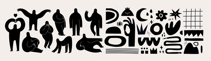 Set of Hand drawn various Shapes and Doodle objects and People silhouettes. Abstract contemporary modern trendy Vector illustrations. Black monochrome concept. Dark theme. All elements are isolated - obrazy, fototapety, plakaty