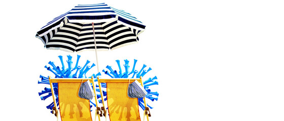 Pair of beach chairs with Coronavirus on vacation