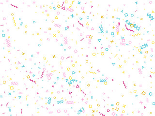 Memphis style geometric confetti vector background with triangle, circle, square shapes, chevron and wavy line ribbons. 