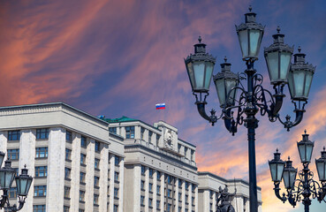 Fototapeta na wymiar Building of The State Duma of the Federal Assembly of Russian Federation on a beautiful sky with cloud before sunset background, Moscow, Russia