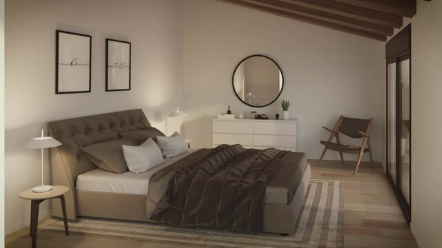 Beautiful bedroom with sun and table lamps animation 3D Photorealistic