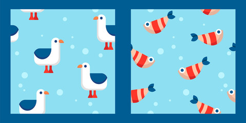 set of two seamless patterns with cartoon seagulls, striped fish and bubbles on a light blue background. flat design. Marine theme. for packaging, paper, fabric. print for clothes