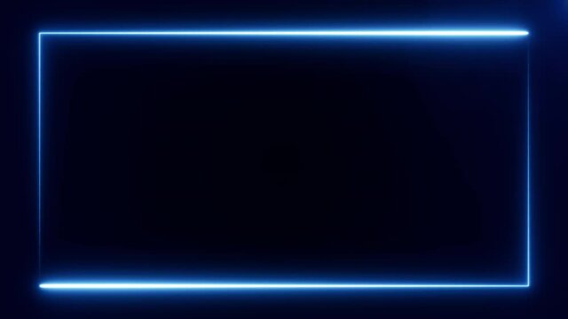 blue neon rectangle frame at the screen border on black background. Abstract backdrop 3D rendering 4k video.