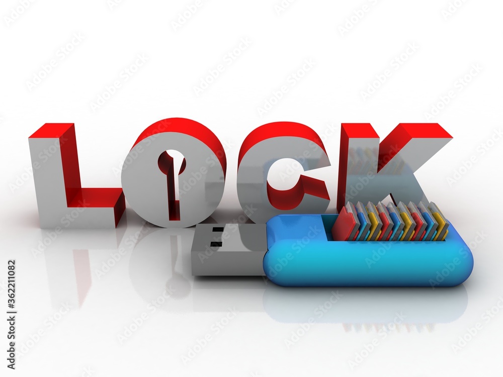 Poster 3d rendering folders in pendriver protection lock